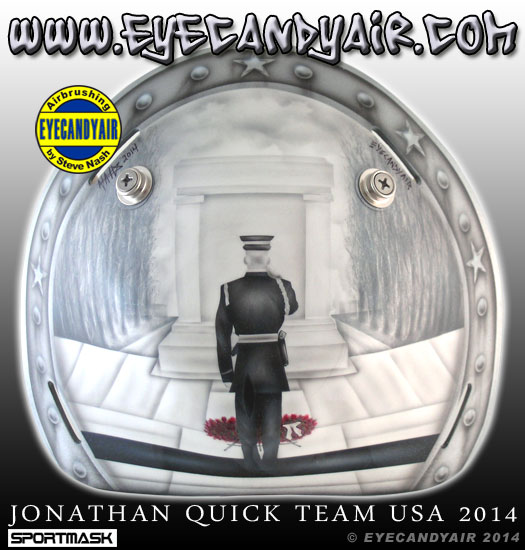 Jonathan Quick TEAM USA 2014 SOCHI Goalie Mask Backplate Painted by Artist Steve Nash EYECANDYAIR on a Sportmask