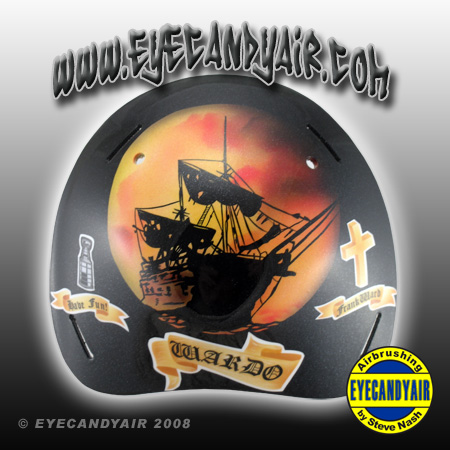airbrushed 2008 Cam Ward pirate ship goalie mask Sportmask by EYECANDYAIR