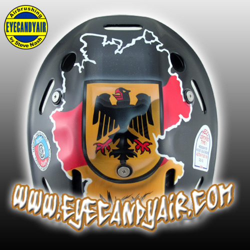 >Custom Goalie Mask Painted German Theme Backplate by Steve Nash of EYECANDYAIR on an EDDYMASK