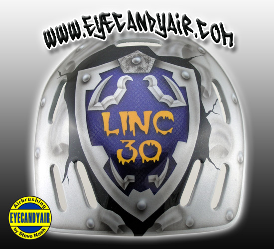 custom airbrushed Hackva goalie mask by EYECANDYAIR