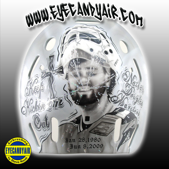 Mark Servos tribute to Nathan Marsters Airbrushed Portrait Goalie Mask by Steve Nash of EYECANDYAIR  on a bauer