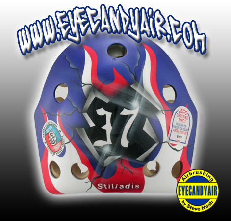 Custom Airbrush Painted Eddymask goalie mask backplate by EYECANDYAIR