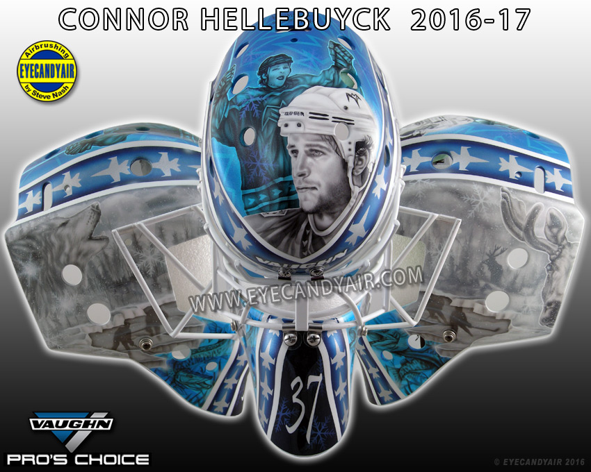 Connor Hellebuyck Winnipeg Jets Dan Snyder Tribute goaliemask airbrushed by EYECANDYAIR in 2016 on A Vaughn made by Pros Choice