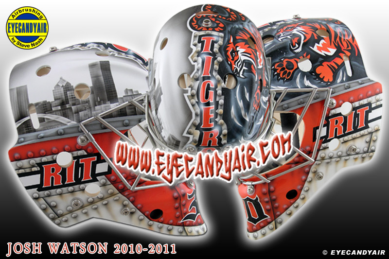 Josh Watson RIT Tigers custom airbrushed painted bauer goalie mask helmet art by EYECANDYAIR Canada