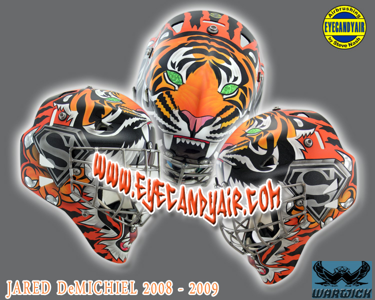 Jared DeMichiel 2009 RIT Tigers custom airbrushed painted warwick goalie mask helmet art by EYECANDYAIR