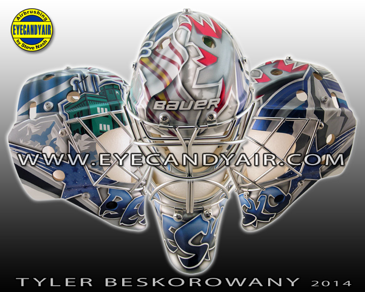 Tyler Beskorowany St. Johnms Ice Caps AHL goalie mask airbrushed by EYECANDYAIR 2014 on a Bauer