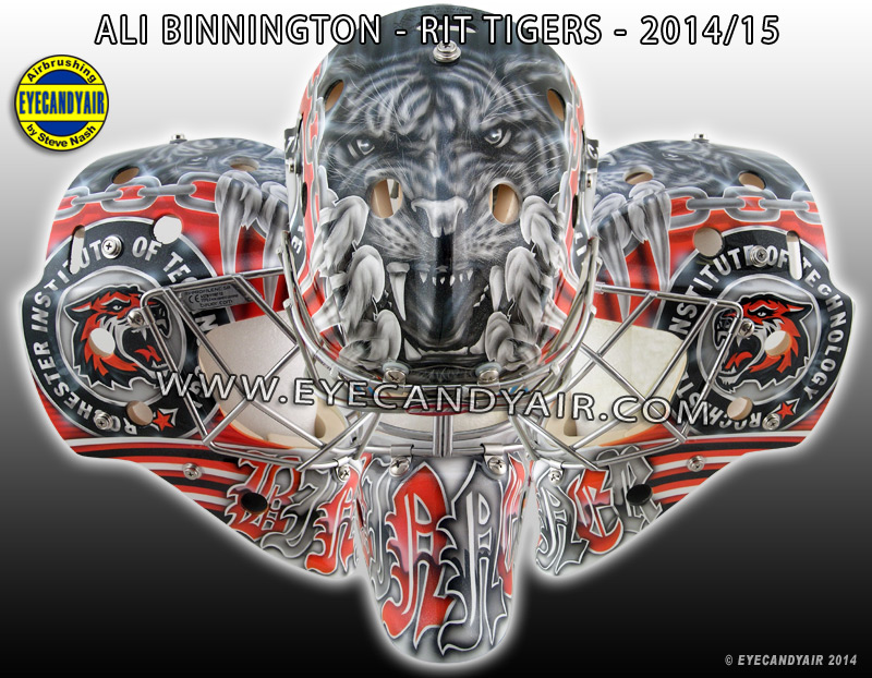 Ali Binnington's 2014-15 RIT Tigers Goalie Mask Airbrush Painted by EYECANDYAIR
