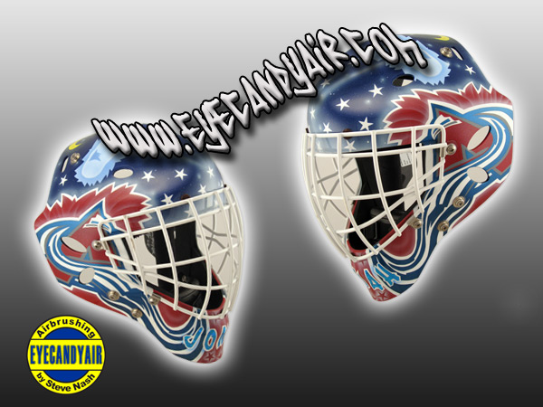 team themed custom painted Sportmask goalie mask by EYECANDYAIR