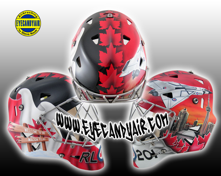 Professionally Airbrushed Painted Avro Aero Tribute Eddymask Goalie Mask Helmet Painted By Steve Nash of EYECANDYAIR- Toronto, Canada