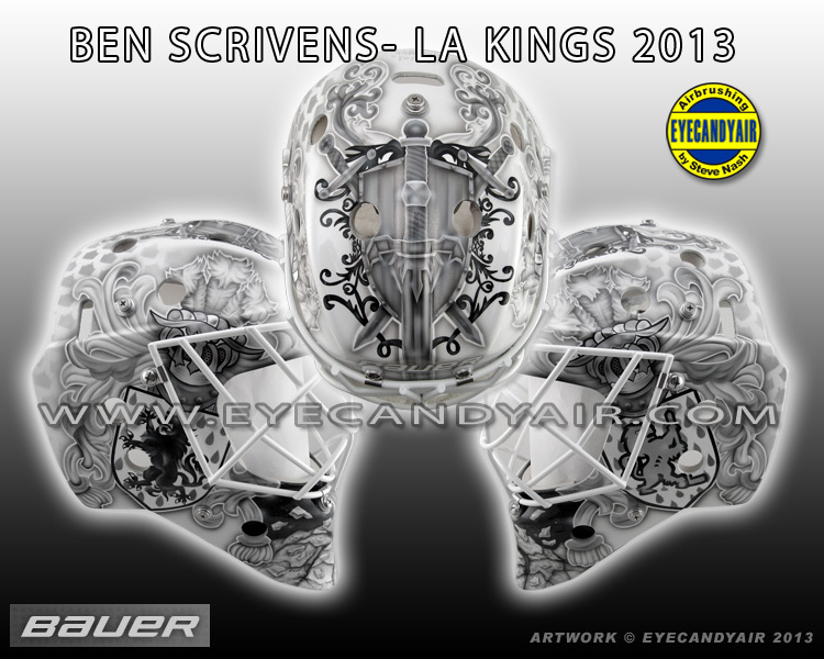 Ben Scrivens 2013 Family Crest LA Kings goalie mask airbrushed by EYECANDYAIR on a Bauer