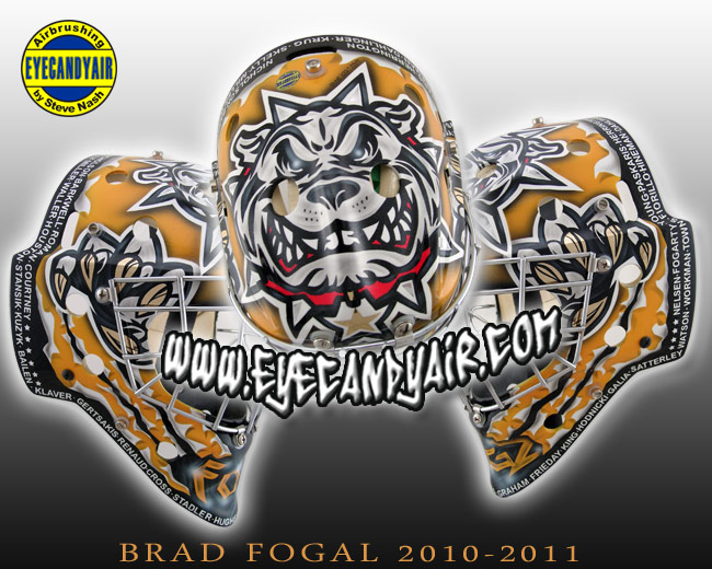 Brad Fogal 2010-2011 Custom Goalie Mask Airbrush Painted by Artist Steve Nash EYECANDYAIR on a Bauer