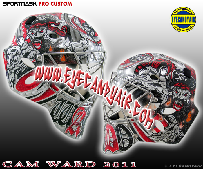 Cam Ward Goalie Mask Airbrush Painted by Steve Nash EYECANDYAIR in 2011 on a Sportmask Pro Custom