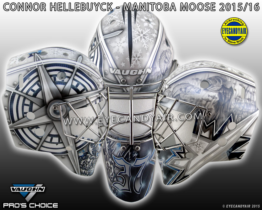 Connor Hellebuyck Manitoba Moose Winnipeg Jets goalie mask airbrushed by EYECANDYAIR in 2015 on A Vaughn made by Pros Choice
