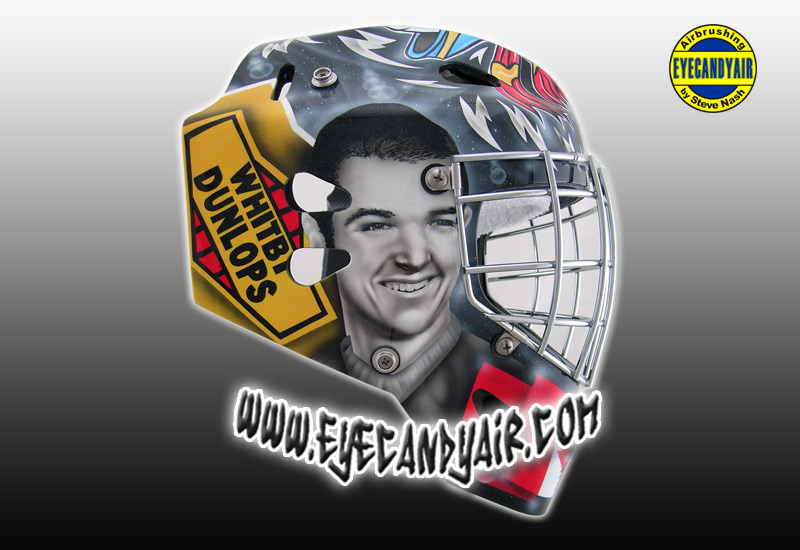 Airbrushed Portraiture Goalie Mask tribute to Don Sanderson Painted by Steve Nash of EYECANDYAIR- Toronto