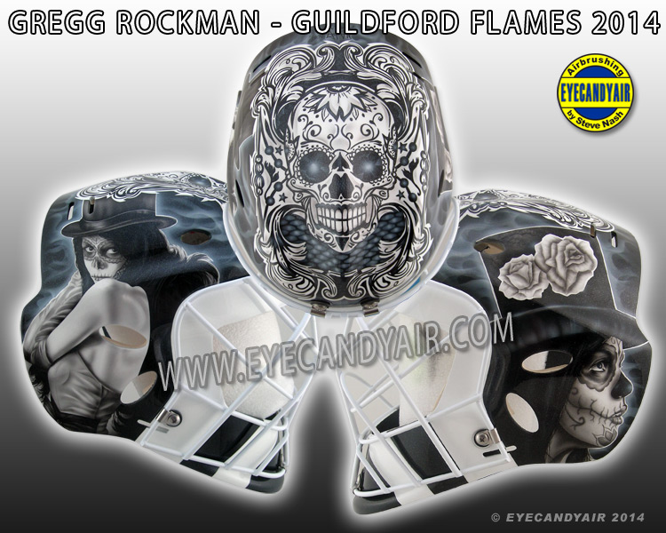 Gregg Rockman's 2014-15 Guildford Flames Goalie Mask custom Airbrush Painted by EYECANDYAIR