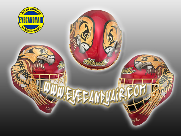 Custom Airbrush Painted Hawks themed Sportmask Goalie Mask by EYECANDYAIR