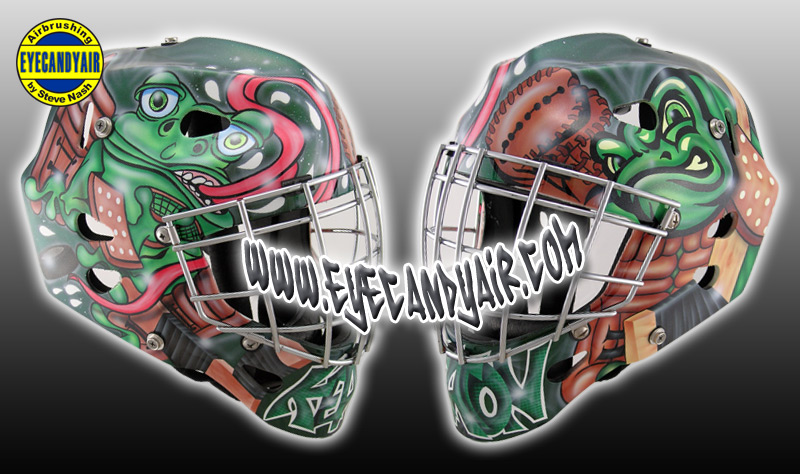 Airbrushed Hackva Goalie Mask Helmet custom Painted By Steve Nash of EYECANDYAIR