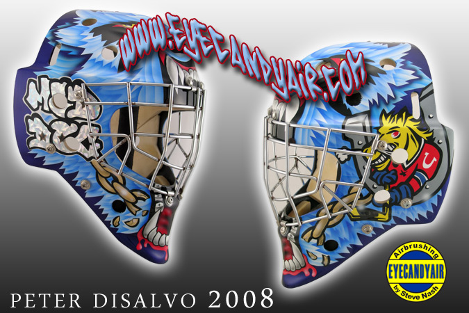 Peter Disalvo 2008 Barrie Colts Airbrushed Mad dog Itech Goalie Mask by EYECANDYAIR