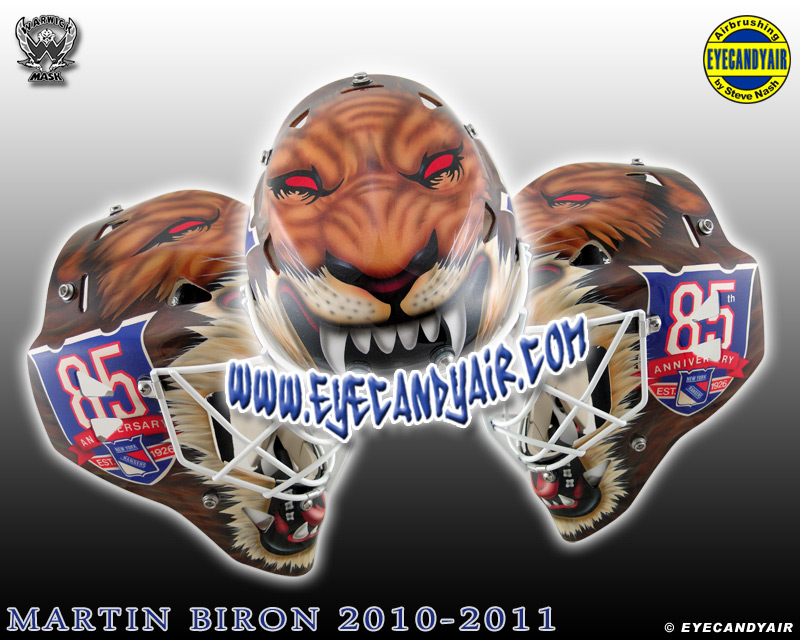 Martin Biron Goalie Mask Custom Airbrush Painted by Steve Nash of EYECANDYAIR 85th Anniversary New York Rangers Third Jersey 