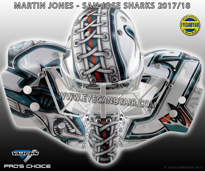 Martin Jones San Jose Sharks Jaws goalie mask airbrushed by EYECANDYAIR in 2017 on a Vaughn made by Pros Choice