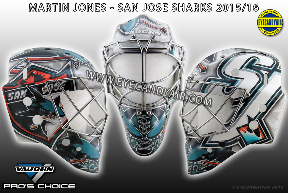 Martin Jones San Jose Sharks goalie mask airbrushed by EYECANDYAIR in 2015 on A Vaughn made by Pros Choice