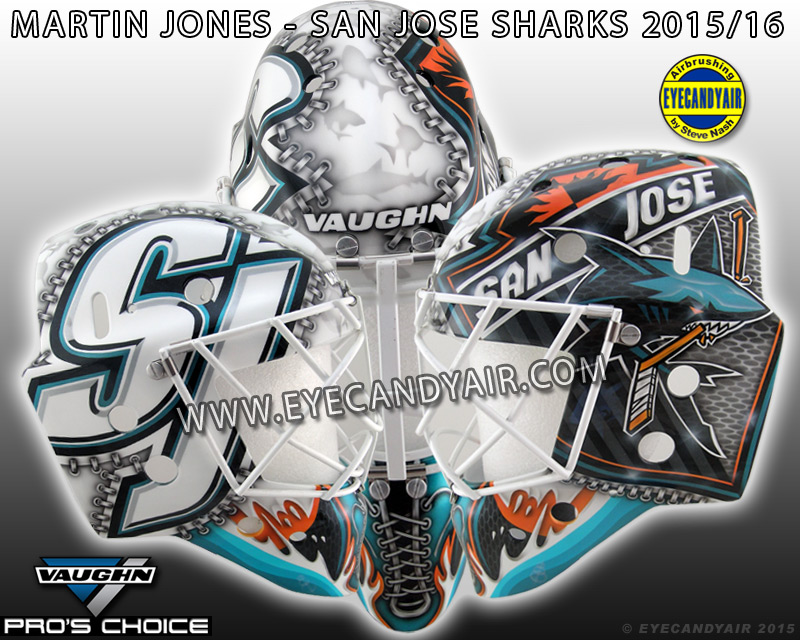 Martin Jones San Jose Sharks alternative goalie mask airbrushed by EYECANDYAIR in 2015 on A Vaughn made by Pros Choice
