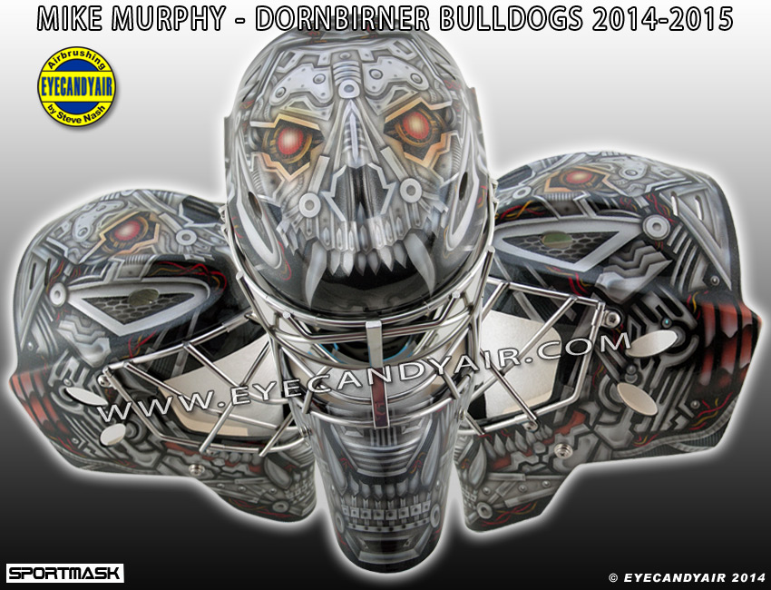 Mike Murphy custom painted DEC Bullsdogs EBEL goalie mask 2014 by Steve Nash of EYECANDYAIR