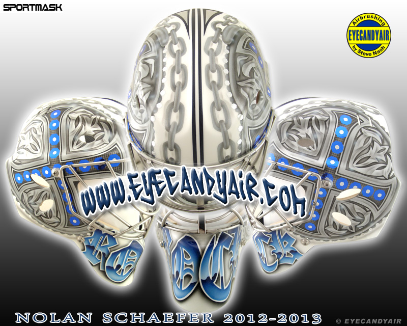 Nolan Schaefer custom painted HC Ambri Piotta goalie mask 2012 by Steve Nash of EYECANDYAIR