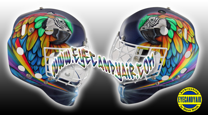 Custom Airbrush Painted Parrot Goalie Mask Helmet by EYECANDYAIR