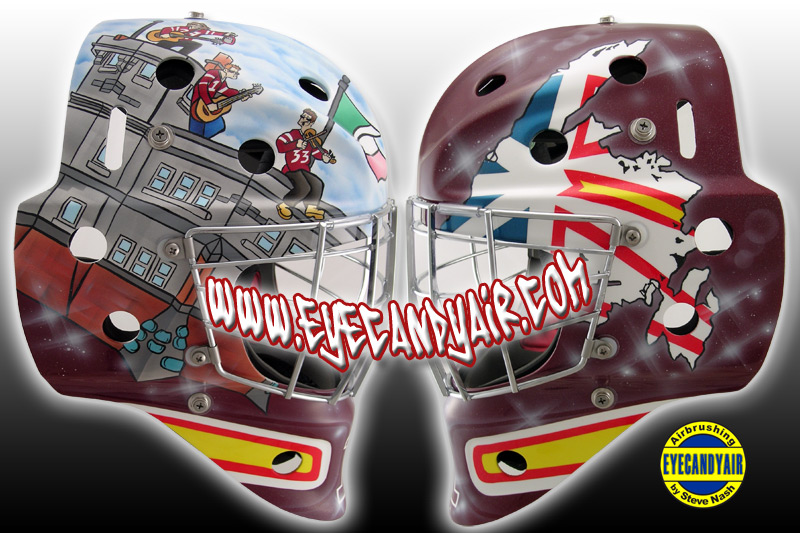 NFLD custom airbrushed painted Itech goalie mask helmet art by EYECANDYAIR