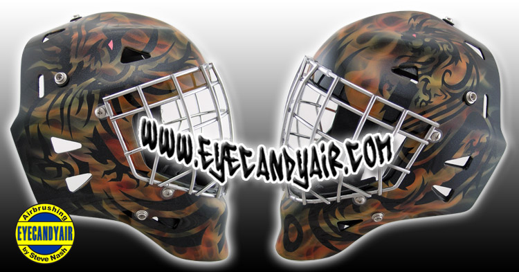 Professionally Airbrushed Painted Tribal Tattoo Fire Goalie Mask Helmet Painted By Steve Nash of EYECANDYAIR- Toronto