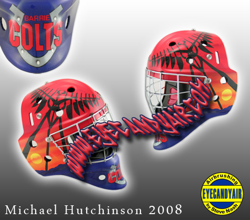 Michael Hutchinson
 2008 Barrie Colts spirit catcher Airbrushed Itech Goalie Mask by EYECANDYAIR
