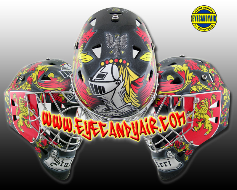 title>Professionally Airbrushed Painted Staltieri Family Crest Eddymask Goalie Mask Helmet Painted By Steve Nash of EYECANDYAIR- Toronto, Canada