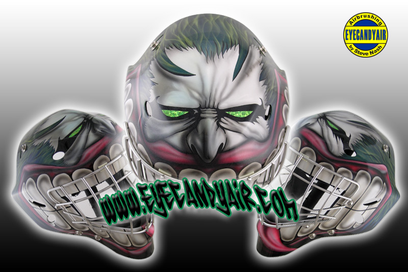 Airbrushed evil jester Sportmask Goalie Mask Custom Painted by Steve Nash EYECANDYAIR- Toronto helmet artist