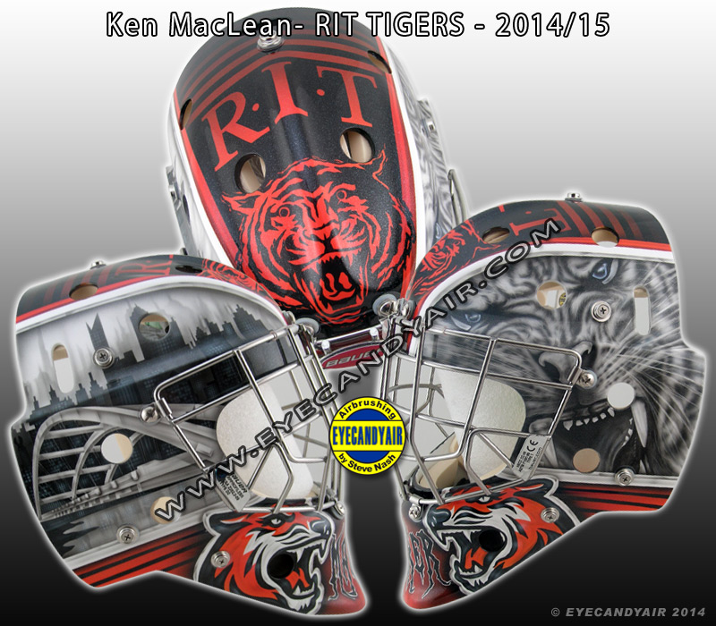 Custom Painted RIT Tigers Bauer Goalie Mask by EYECANDYAIR
