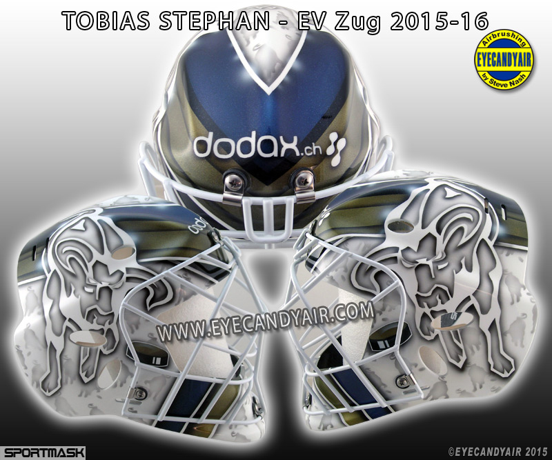 Tobias Stephan goalie mask 2015-2016 EV ZUG custom airbrushed painted goalie mask by EYECANDYAIR on a Sportmask Mage RS