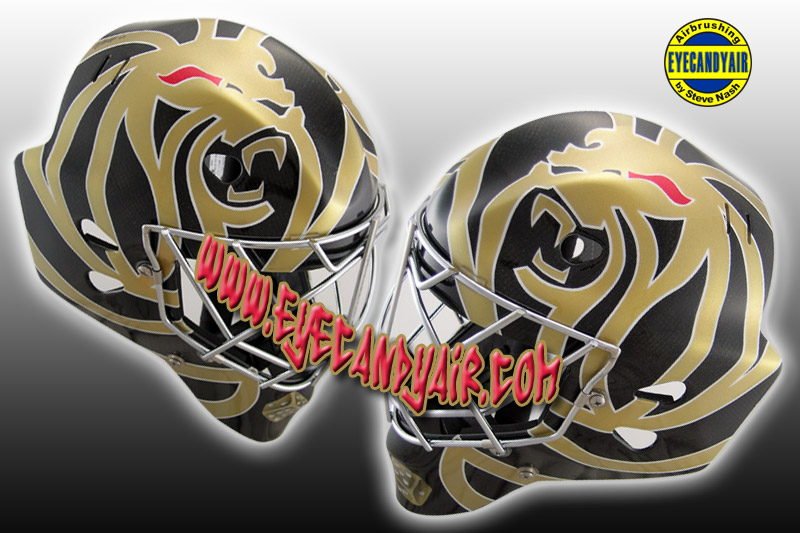 Tribal Lion theme professional custom airbrushed painted Sportmask goalie mask helmet art by EYECANDYAIR Canada