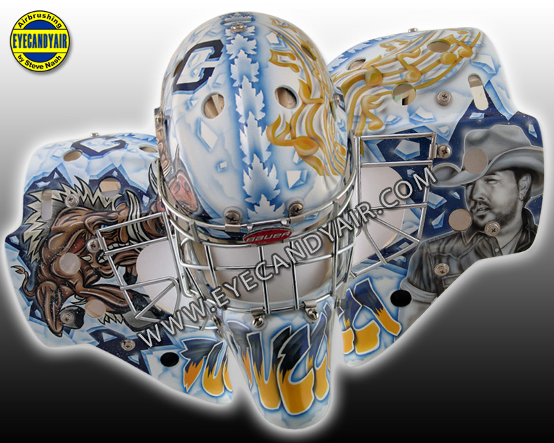 Custom Airbrush Painted Goalie Mask honoring Jason Aldean by Steve Nash on a Bauer helmet
