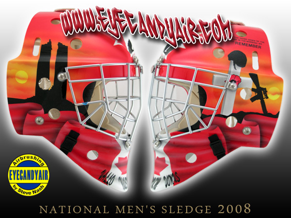 Drew Rigden 2008 slegde hockey Itech goalie mask painted by EYECANDYAIR