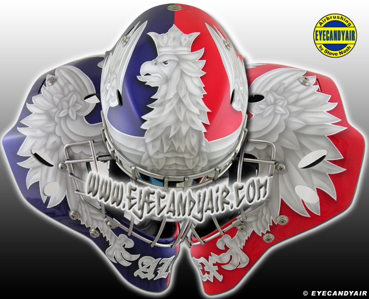 EYECANDYAIR Custom Airbrush Painted white eagle from the Polish coat of arms on a Sportmask Goalie Mask<br>by Toronto helmet artist Steve Nash